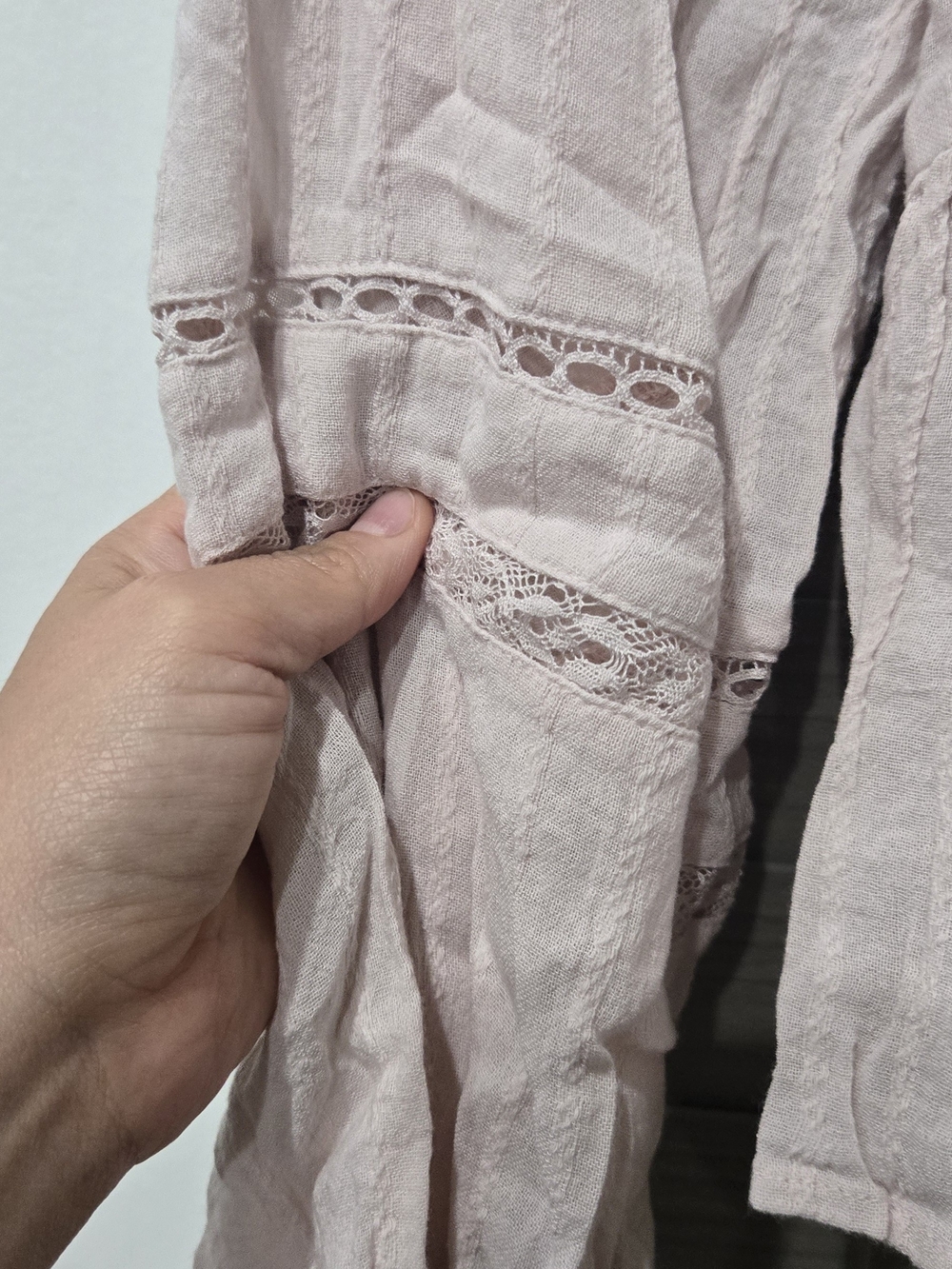 Light Pink Women's Peasant Blouse with Lace Trim - Picture 3 of 6